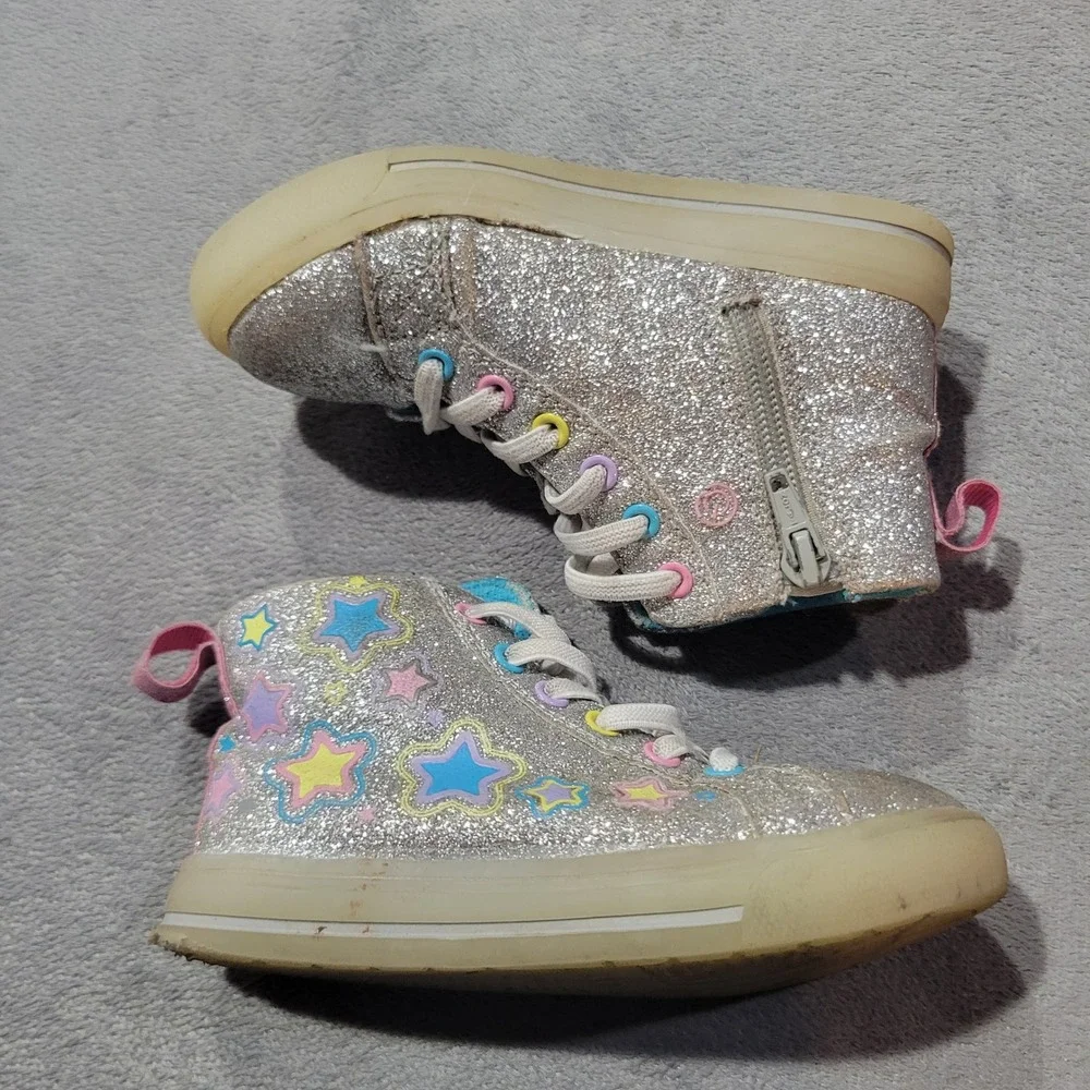 Wonder Nation High Top Sneakers Girls Size 8 Silver Glitter‎ Star Heart GTAW44CA